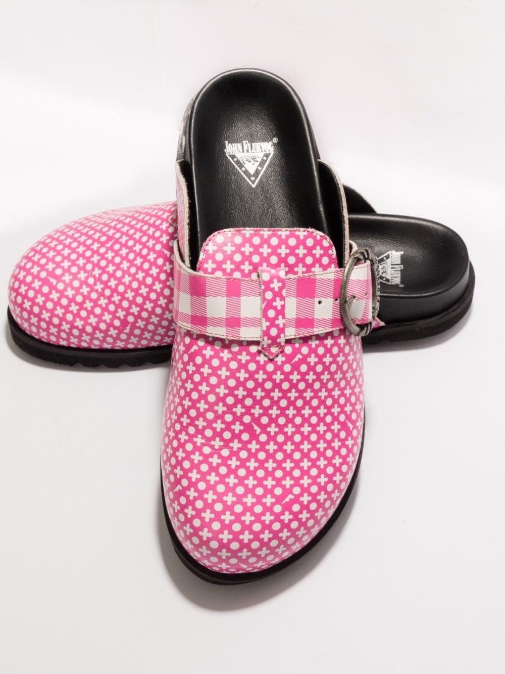 John Fluevog Chillville Bean Bag pink XO buckle clog pink & white pattern 10 - Picture 2 of 12